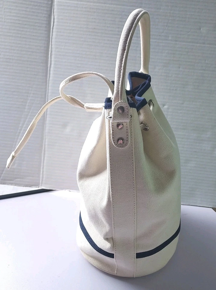 Tommy Hilfiger Bucket Bag Purse Beige White Blue Canvas Drawstring Handbag Y2K - Image 2 of 4