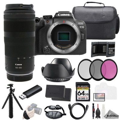 Canon EOS R10 + RF 100-400mm f/5.6-8 IS USM Lens+64GB+Ext Bat+3PC Filter-Kit