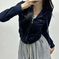 Y2K Navy Velvet Pocket Hoodie Size 90 - Rare