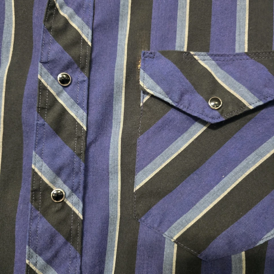 Vintage Rustler Western Snap Shirt Mens M Blue Black Striped Pearl Cowboy 80s - Image 3 of 4