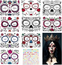 Day of the Dead Face Tattoos, 9Pcs Temporary Stickers - Skeleton, Web, Red Rose 