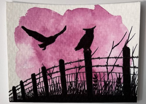 aceo 2.5x3.5 inch original watercolor silhouette owls nature bird drawing