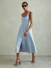 REISS Clarice Petite Linen Broderie Midi Dress in Blue
