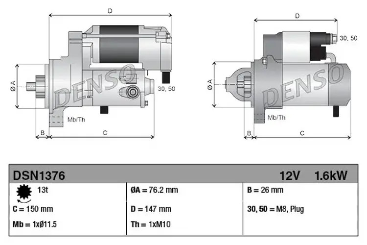 Starter motor Clockwise rotation DSN1376 DENSO for BMW 6 Convertible 6 Coupe 5 3