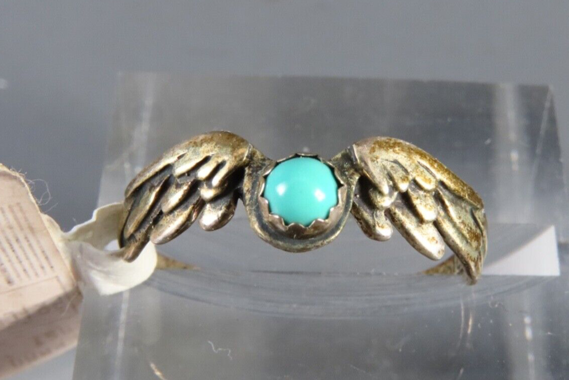 VTG NAVAJO Herman? STERLING SILVER RING Blue Turquoise ANGEL FIREBIRD WINGS sz 9