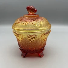 Vtg Jeanette Amberina Footed  Glass Covered Candy Dish/Compote Yellow-Red