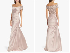 LA FEMME Champagne Beaded Off Shoulder Ruched Satin Mermaid Gown Dress 6 S