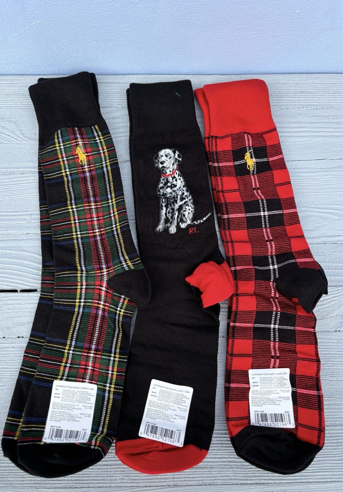 PONY Polo Raulph Lauren uomo confezione da 3 pezzi Calze per equipaggio cani tartan natalizio con confezione regalo