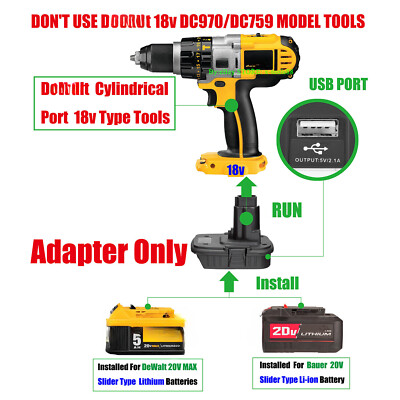Adapter for Bauer & DeWalt 20V Battery to Power for DeWalt 18V Ni-CD Ni-MH Tools