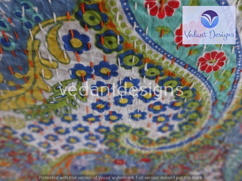 Edredón Kantha reversible indio estampado cachemir azul manta doble arte Foto 2 de 4