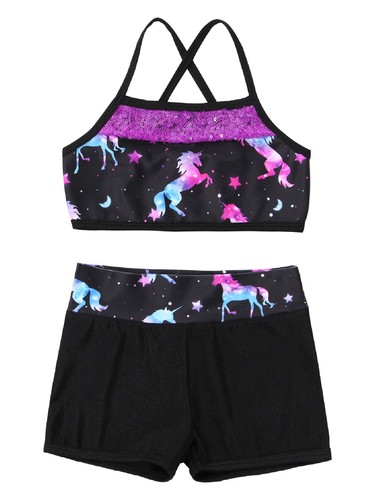 Girls Sport Swimsuit Cartoon Bathing Suit Swimwear Criss Cross Crop Top Briefs - Picture 8 of 39
