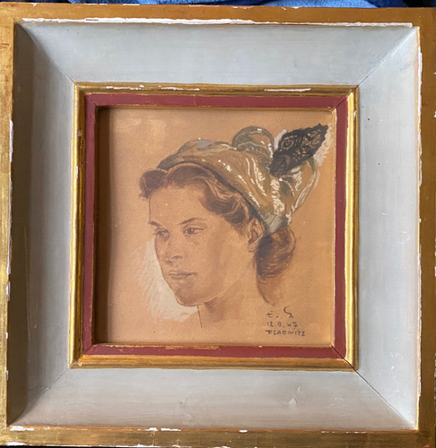 Watercolor Painting Monogr Fladnits E.S. 1947 Portrait of Lady with Headdress