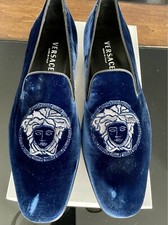 NEW VERSACE BLUE VELVET LOAFERS w/PLATINUM MEDUSA EMBROIDERY Size 44.5