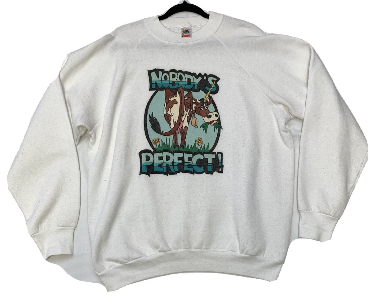 Vtg XL NOBODY’S PERFECT 80s FARM Cow Udders Graphic Sweatshirt Made in USA
