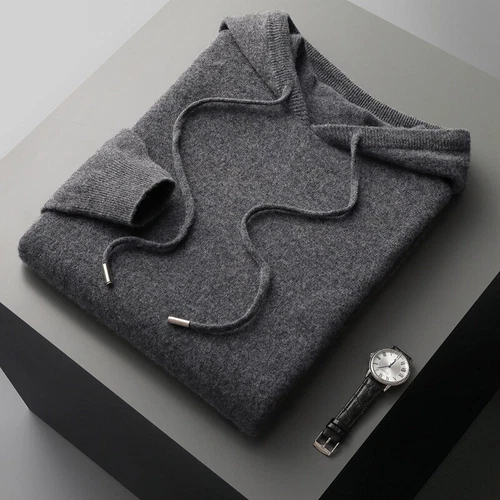 Hombres 100% Lana Suéter con Capucha Color Sólido Cachemira Sudadera con Capucha Cálida Sudadera - Imagen 13 de 28