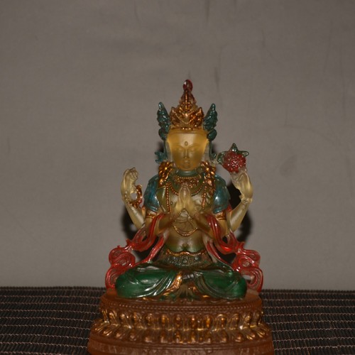 Collect China old colored glaze color double lotus pedestal four-arm Buddha - Picture 8 of 9