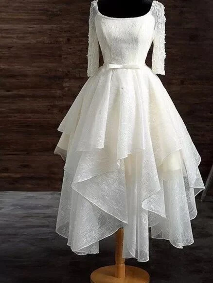Vestidos de novia cortos hasta el té encaje línea A volantes núcleo sin espalda vestido de novia Foto 2 de 4