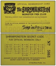 SHRIMPENSTEIN MONSTER FAN CLUB MEMBERSHIP CARD WITH CODE BACK - VINTAGE REPRINT