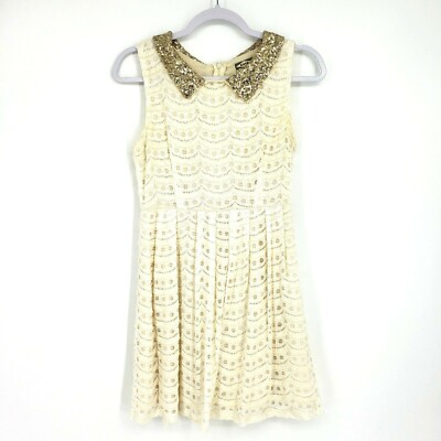 Kirra Womens Size Medium Gold Sequin Embellished Collar Cream Pleated Lace  Dress | eBay