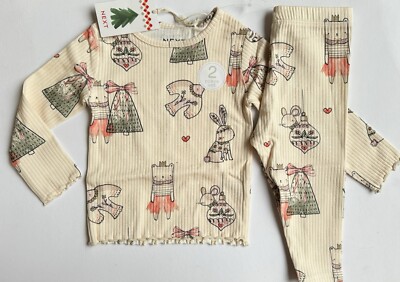 NEXT Girls Cream Christmas Animal Long Sleeve Top Leggings Set