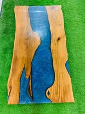 Blue Epoxy Resin Dining Table Top Live Edge Modern Furniture Cafeteria Desk Deco