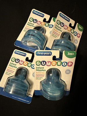 TOMY GumDrop Infant Nipples 2 Pack Blue 3m+ The First Years Medium Flow BPA Free