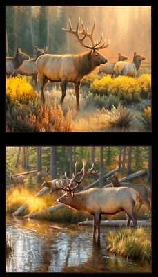 Elk Fabric Wild Animals Morning Glory #9204 Cotton Elizabeths Studio 24'' Panel