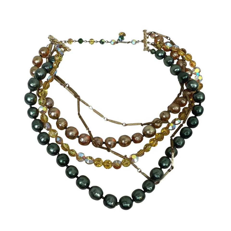 Collar Multi Hilo Tono Dorado Perla Facetado Vidrio Cuentas Joyería 9 pulgadas Foto 4 de 4