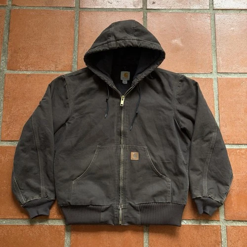 Carhartt J130 DKB Dark Brown Canvas Quilt Lined Hooded Jacket-Size Small