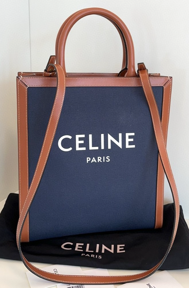 CELENE denim top handle 2-way shoulder crossbody bag in brown and blue