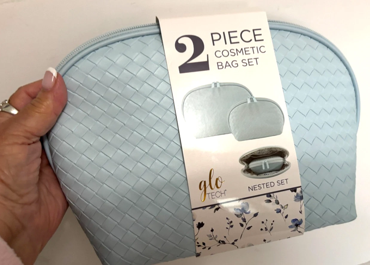 NEW 2 Pc Set GLO TECH Baby Blue Travel COSMETIC CASES Makeup Organizer Zip Bags