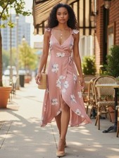 Lulus Blush Pink Floral Wrap Dress Ruffle Strap High Low Romantic Date Night