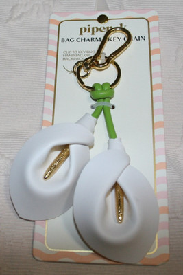 NWT Bag Charm & Key Chain Genuine Leather Green Stem & White  Cala Flower Brass