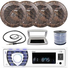 Pyle 1-DIN Bluetooth Marine MP3 Radio W/White Cover, 4x 6.5'' 150W Max Speakers