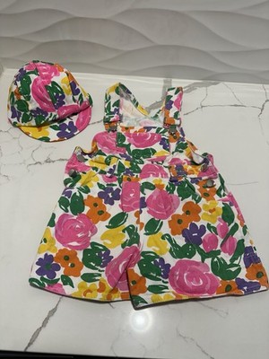 Vtg 1990s Lightning Bug Bright Floral  Bib Shortalls Size 5 W/Hat Cottage Core