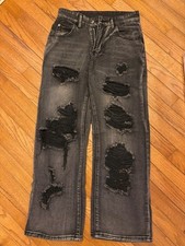Men's Wide Leg Baggy Black Denim Jeans Distressed Streetwear Y2K Size S - New