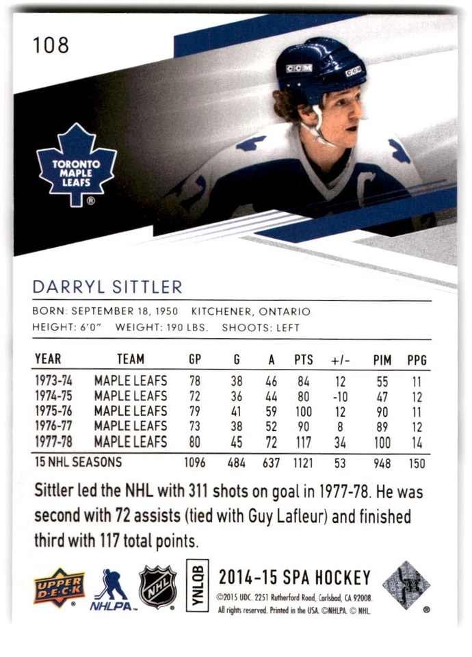 2014-15 SP Authentic Darryl Sittler #108 Toronto Maple Leafs - Image 2 of 2