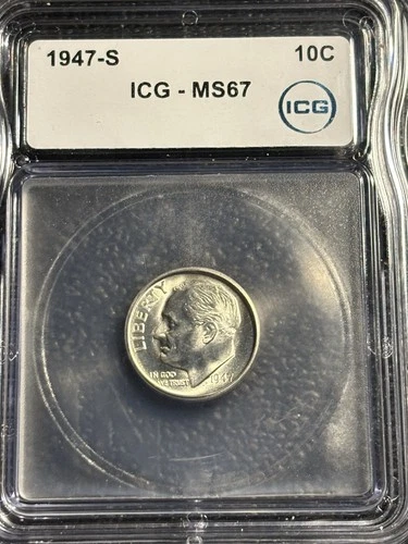 1947 S Roosevelt Dime Coin, 90% Silver Icg  Ms 67