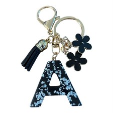 Alphabet A Keychain Black Floral Tassel Initi...