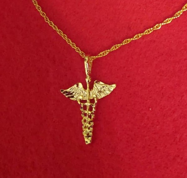 Alternate view of 14kt Gold Plated Caduceus Charm Pendant With 30" Rope Chain Necklace 2735