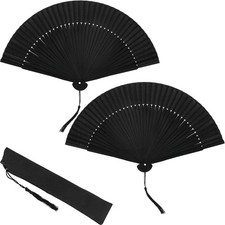 2 Pcs 8.4" Small Black Folding Hand Fans Bamboo Silk Folding Hand Rave Fan
