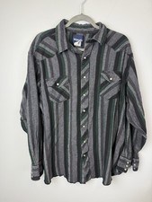 VTG Wrangler Heavy Weight Black Pearl Snap Flannel Green Black Stripes 3XT