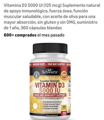 BioSchwartz Vitamin D3 5000 IU Immune & Bone Health Supplement 360 Softgels