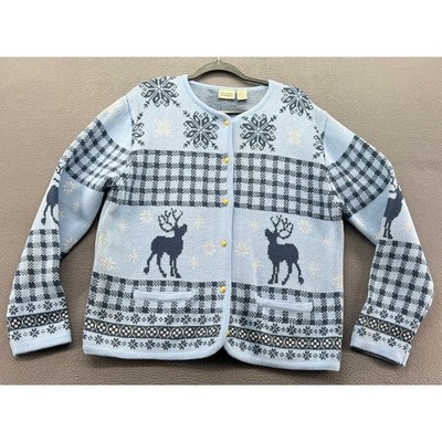 Classic Elements Sweater Womens Sz L Blue Reindeer Snowflake Winter Cardigan