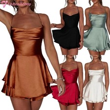 Women's Satin Glossy Spaghetti Straps Mini Dress Party Nightclub A-Line Dresses