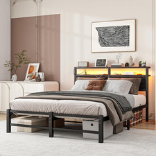 Queen Size Bed Frame with LED Lights Storage Headboard and USB Charging Station,