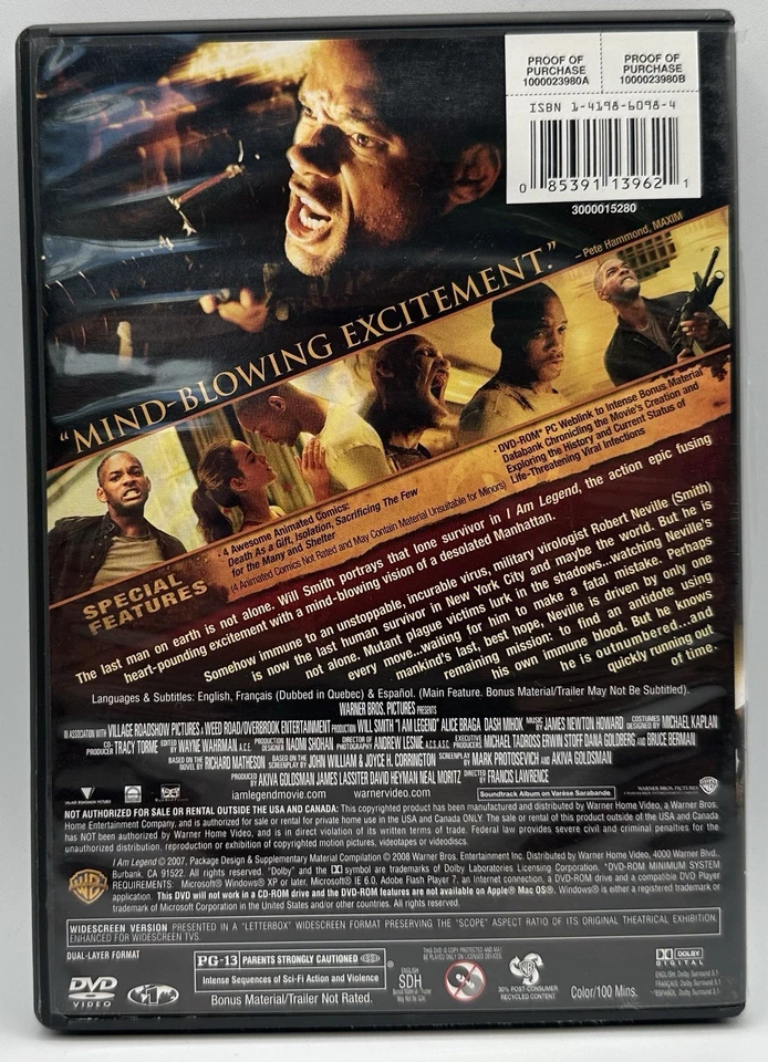 I Am Legend DVD Widescreen Edition Will Smith Alice Braga Dash Mihok 2008 - Image 2 of 3