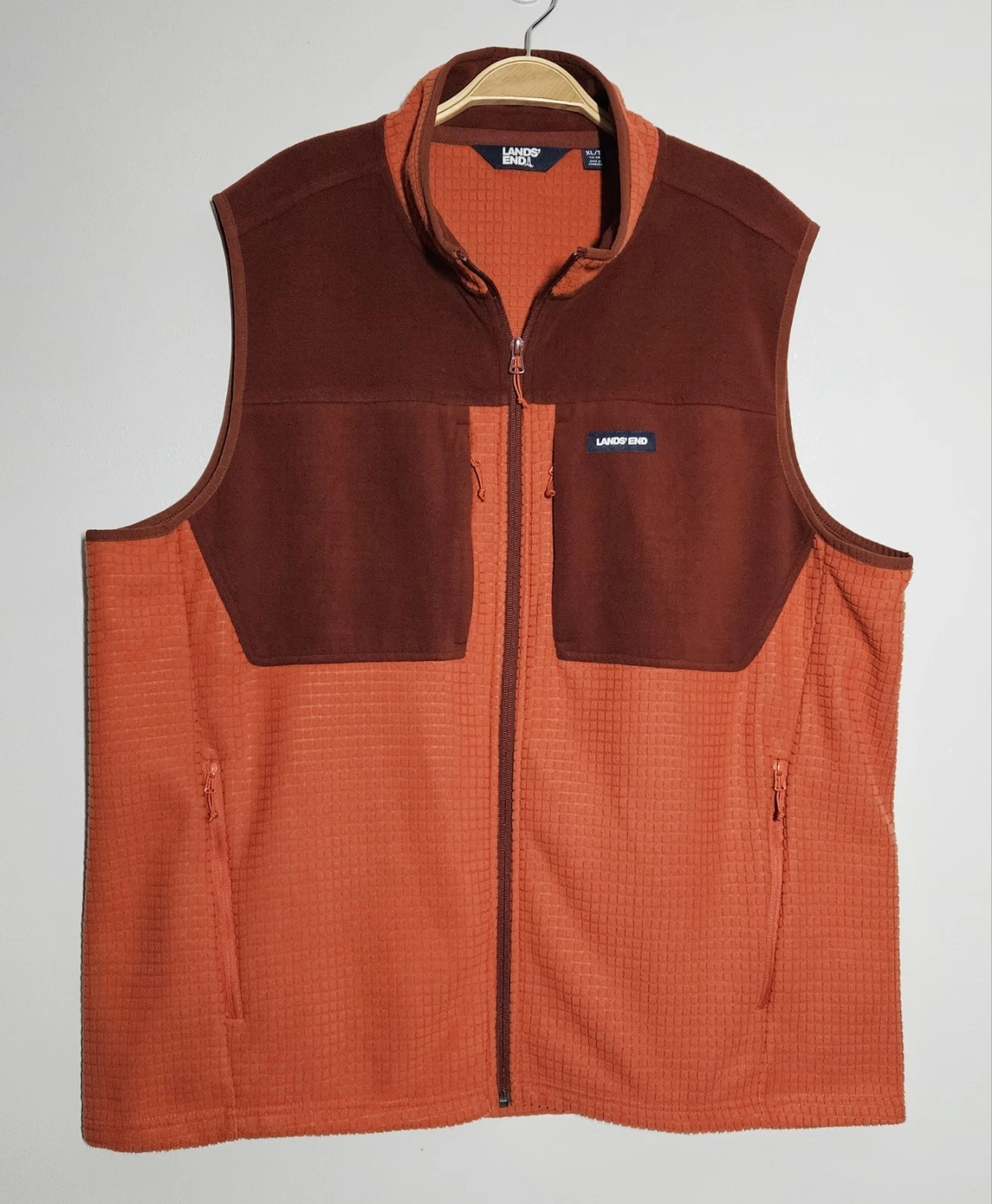 Land's End Men's Grid Fleece Vest, Orange Clay/Mohogany, Sz XL Tall