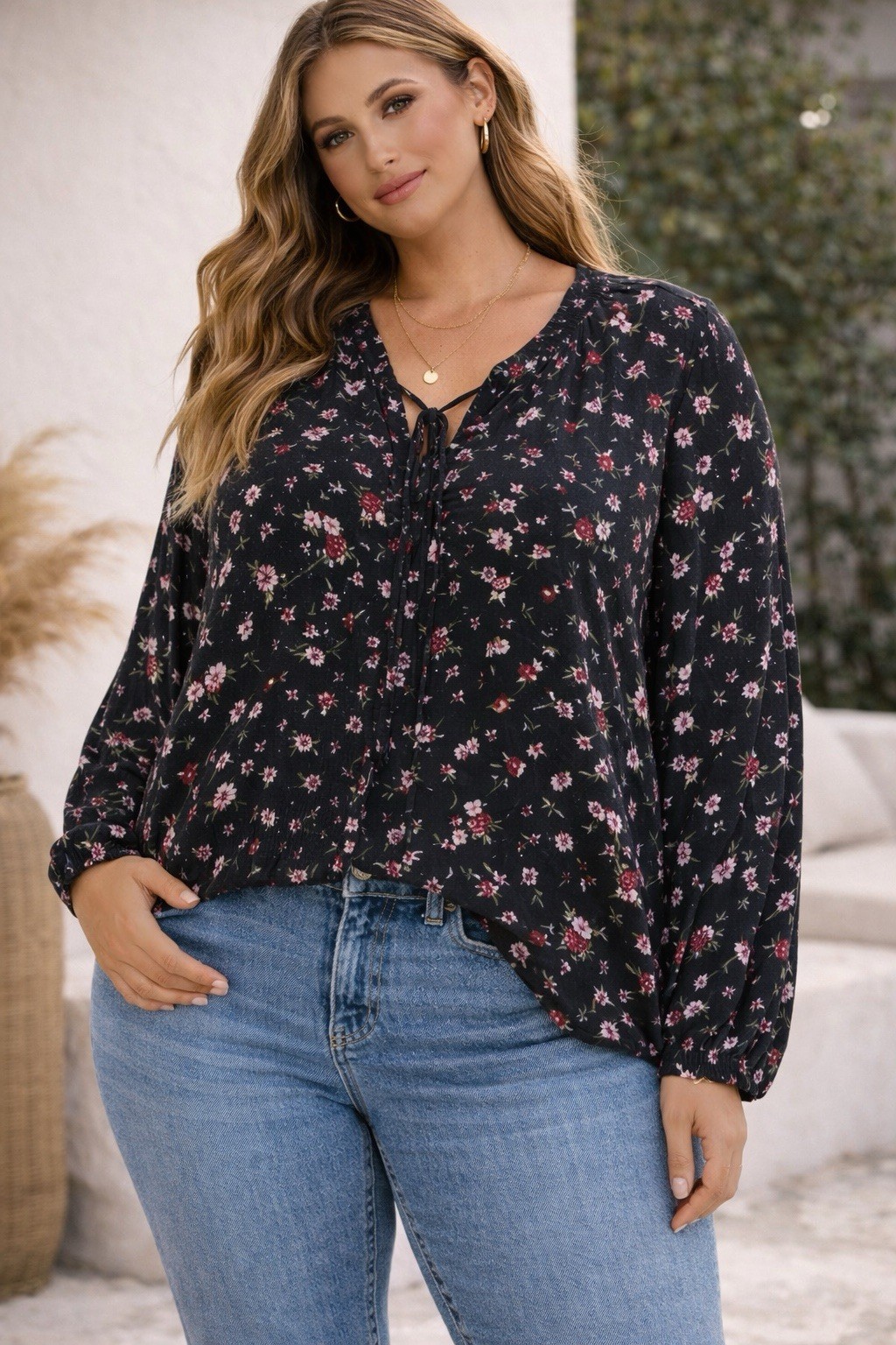 Torrid Size 3 Floral Blouse 3X Black Pink Sheer Button Front Tie Neck Boho Top