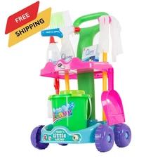 Toy Time Kids Pretend Cleaning Set with Broom Mop Dustpan & Rolling Cart Kit